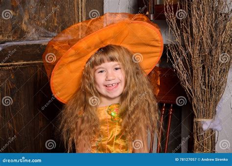 Laughing Halloween Witch Girl In Hat With Broom Stock Image Image Of