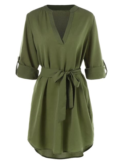 Langstar Plus Size Shirt Dress Belted Knee Length Casual Dress Stand Collar Solid Long Sleeves