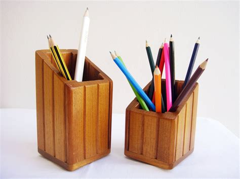 Pencil Holder Set Of Two Desk Organizer Desk Accessories Wooden