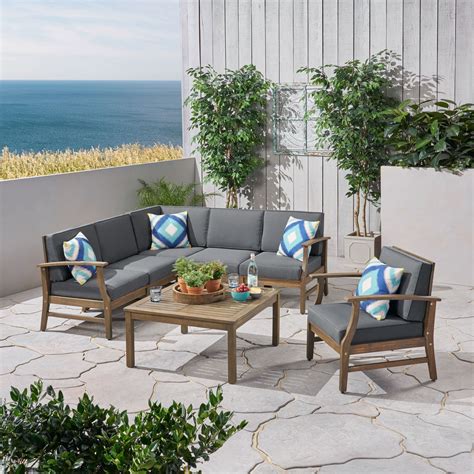 Perla Outdoor 7 Piece Acacia Wood Sectional Sofa And Club Chair Set
