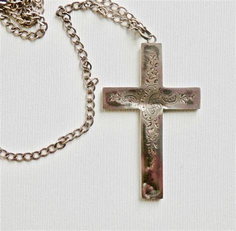 Antique Cross Necklace Sterling Silver Engraved Name Marie Floral