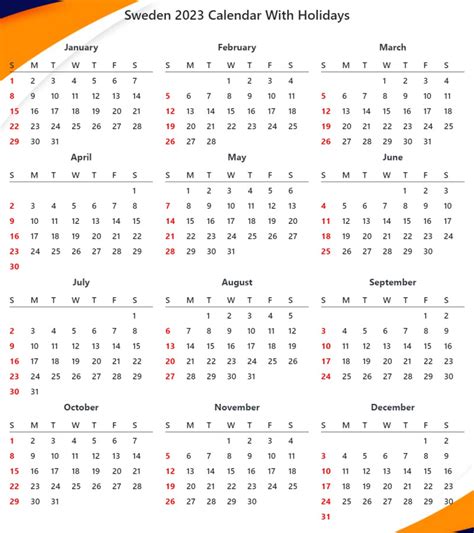 Printable Sweden 2023 Calendar With Holidays