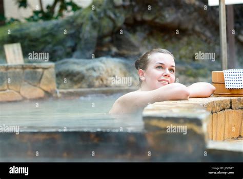 Caucasian Woman Bathing At Traditional Hot Spring Tokyo Japan Stock