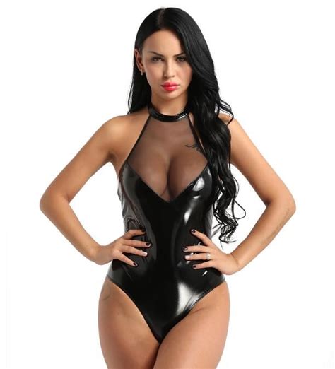 Women One Piece Wetlook PVC Faux Leather Mesh Patchwork Lingerie Sexy Clubwear Backless