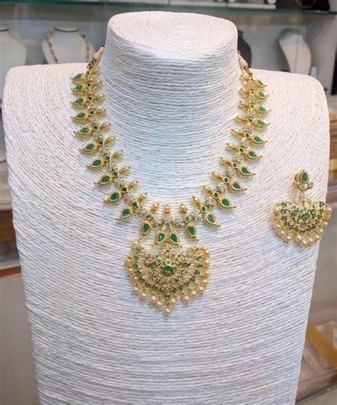 Short Mango Necklace With Green Stones South India Jewels