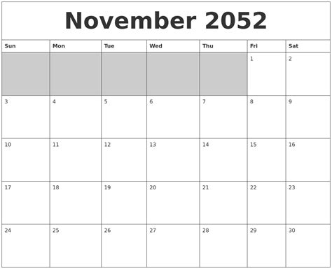 November 2052 Blank Printable Calendar