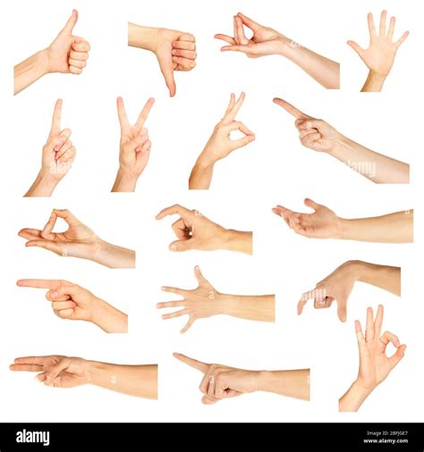 Collage Of Hands Showing Different Gestures Isolated On White Stock
