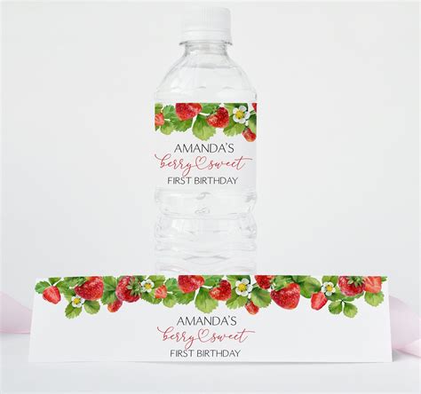 Editable Strawberry Bottle Label Berry Sweet Birthday Water Labels