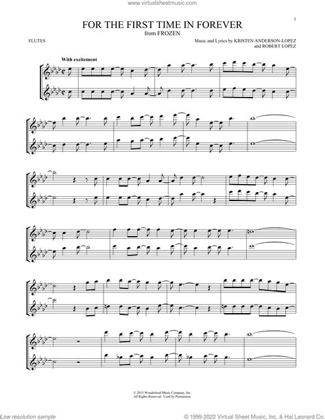 For The First Time In Forever From Frozen Sheet Music For Two Flutes