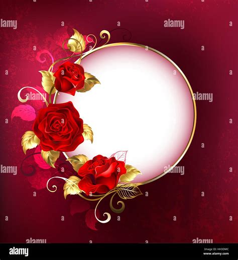 Round White Banner With Red Roses And Golden Leaves On Red Textural