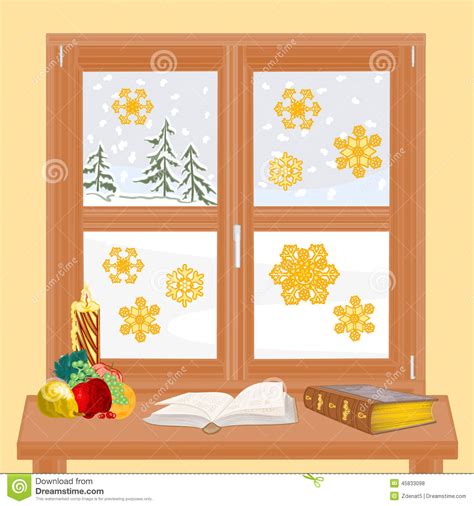 Winter Window With Christmas Candle And Old Book Vector Stock Vector