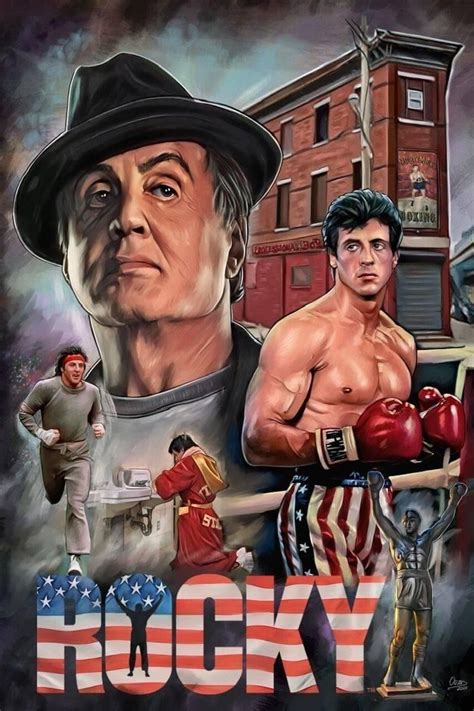 An Image Of Rocky With The American Flag And Two Men In Front Of Him
