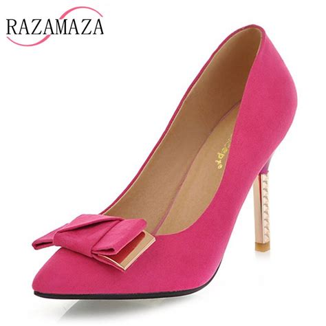 Razamaza Sexy Women Bowtie High Heel Shoes Women Pointed Toe Pumps Suede Metal Thin Heels Party