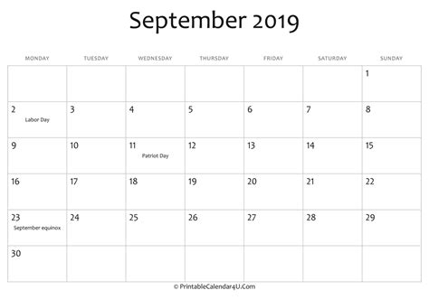 September 2019 Editable Calendar With Holidays