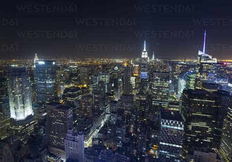 Usa New York City View To Midtown Manhattan At Night From Above Stock