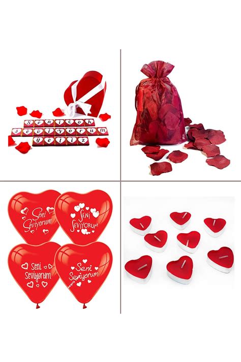 Partimira 14 Şubat Sevgililer Günü Paketi Isimli Çikolata Gül Yaprağı Kalp Balon Mum Fiyatı