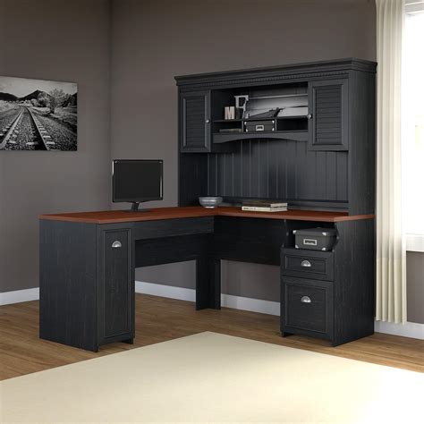 Fairview L Shaped Desk With Hutch In Antique Black Kitchen
