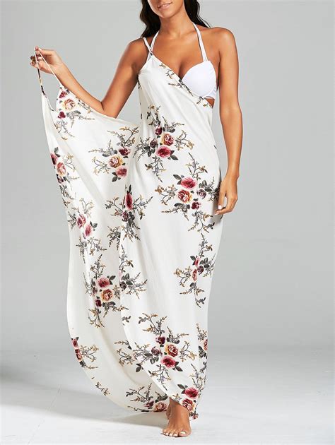 Off Chiffon Floral Convertible Sarong Wrap Cover Up Dress In