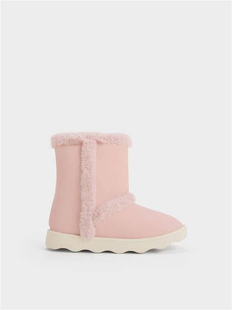 Blush Girls Fur Trim Textured Ankle Boots Charles And Keith International