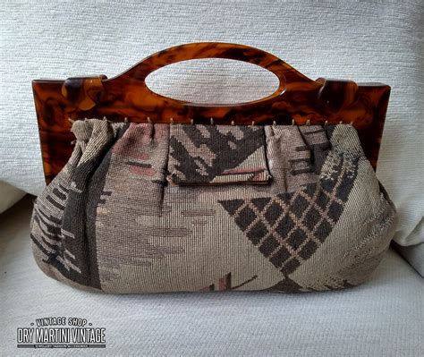 Vintage Art Deco Handbag Clutch Bag Tortoiseshell Frame Tapestry Fabric