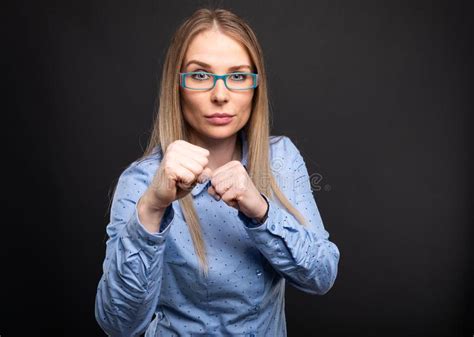 Business Lady Wearing Blue Glasses Posing Showing Fists Like Fig Stock