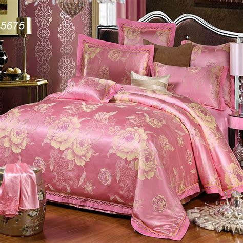 Pink Floral Silk Bedding Sets Poeny Jacquard Tencel Bed Clothes 4pcs