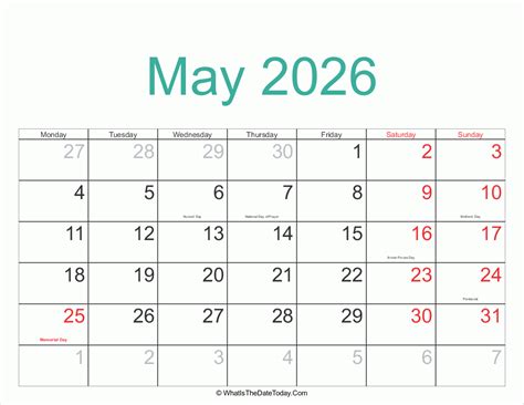 May 2026 Calendar Printable With Holidays Whatisthedatetodaycom