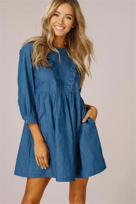 The Soft Chambray Fabric On This Ruffle Bodiced Midi Sleeve Mini Is