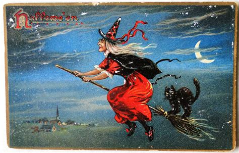 Witch Flying Broom Vintage Halloween Cards Carte Halloween Halloween