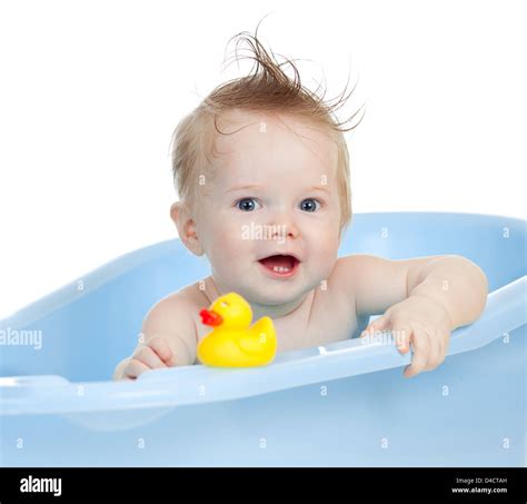 Adorable Baby Having Bath In Blue Tub Stock Photo Alamy