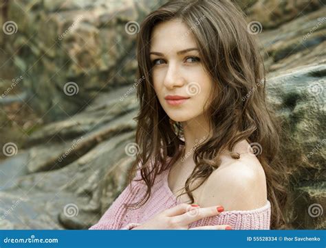 portrait of tempting coquettish lady bite lip look blank space on pink background stock image