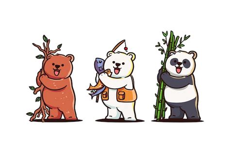 Ours Brun Mignon Ours Polaire Et Panda Tenant Une Branche De Bambou Et