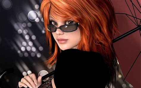Beautiful Redhead Art Girl Redhead Glasses Umbrella Bonito Face