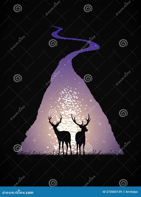 Two Deers In Grass Animal Silhouette Stock Vector Illustration Of