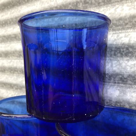 Vintage French Cobalt Blue 10 Panel Short Tumbler Glasses Set Of 9