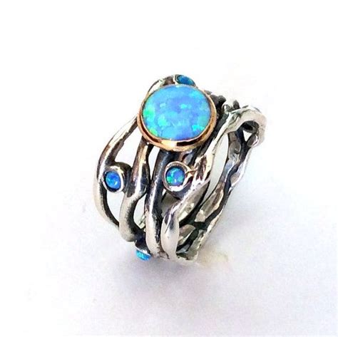 Sterling Silver Band Opals Ring Engagement Ring Organic Band Wide