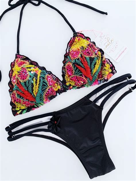 Black Floral Beaded Colombian Bikini Set Bikinis Colombian Bikini