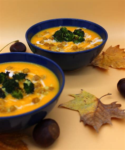Creamy Vegan Pumpkin Soup With Roasted Chickpeas And Broccoli Bunny