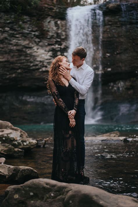 Romantic Dramatic Engagement Session By Waterfall In Tennessee Black Dress Formal Tender Poses