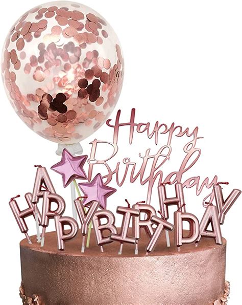 Amazon Com MOVINPE Rose Gold Cake Topper Decoration With Happy Birthday Candles Happy Birthday
