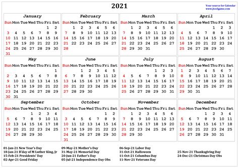 2021 Calendar Printable Calendar With Usa Holidays