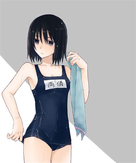 ryougi shiki kara no kyoukai 1girl adjusting clothes adjusting swimsuit black eyes black