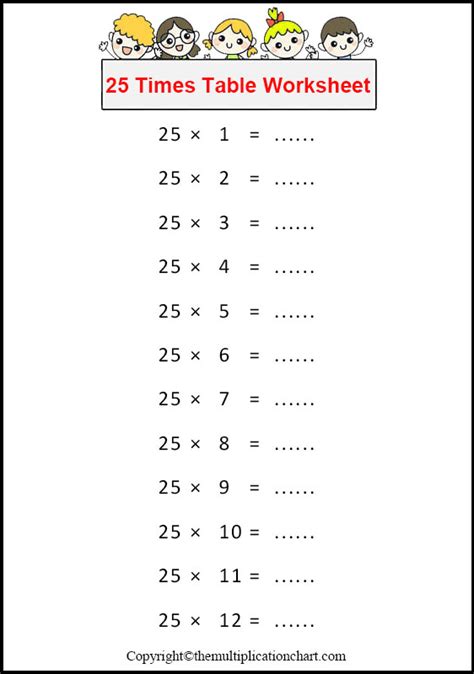25 Times Table Chart Printable 25 Multiplication Table