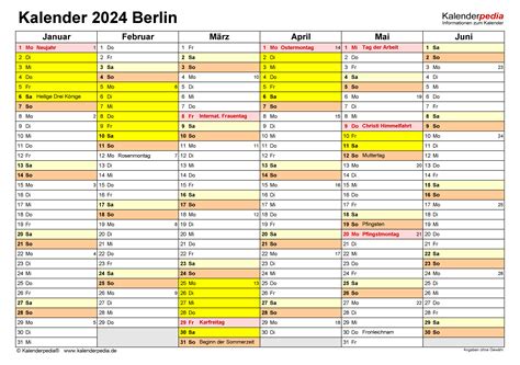 Kalender 2024 Berlin Ferien Feiertage Excel Vorlagen