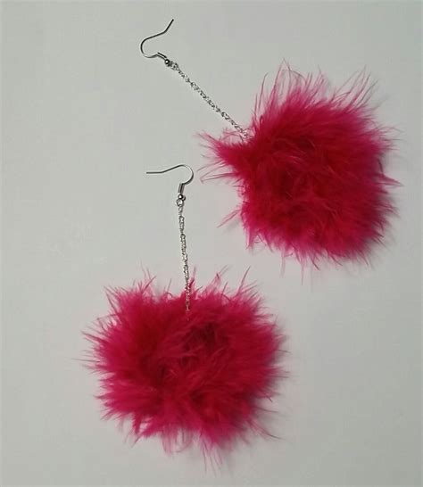 Raspberry Pink Fluffy Marabou Feather Earrings Pom Pom Earrings Feather Earrings Etsy