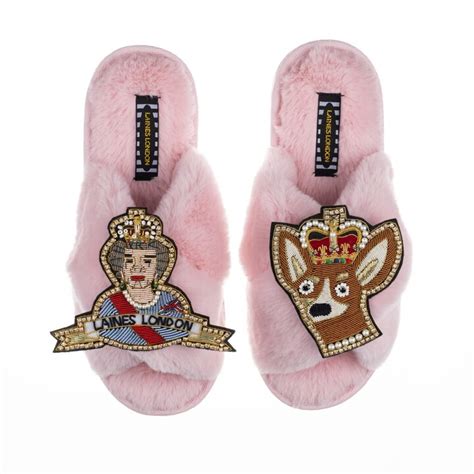 Laines London Classic Laines Candy Pink Slippers With Double Deluxe Artisan Queen And Corgi