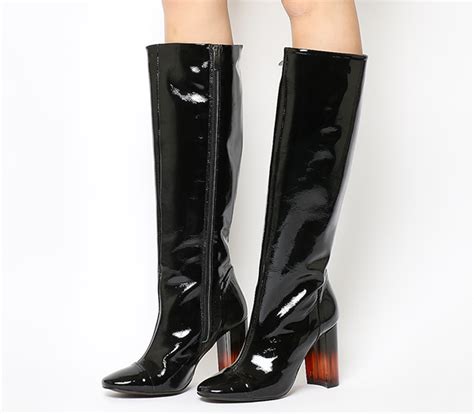 Office Eli Square Toe Knee Boots Black Patent Leather Heel Knee High