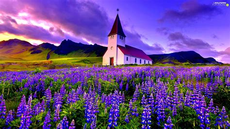 Mountains Church Flowers Meadow For Phone Wallpapers 1920x1080