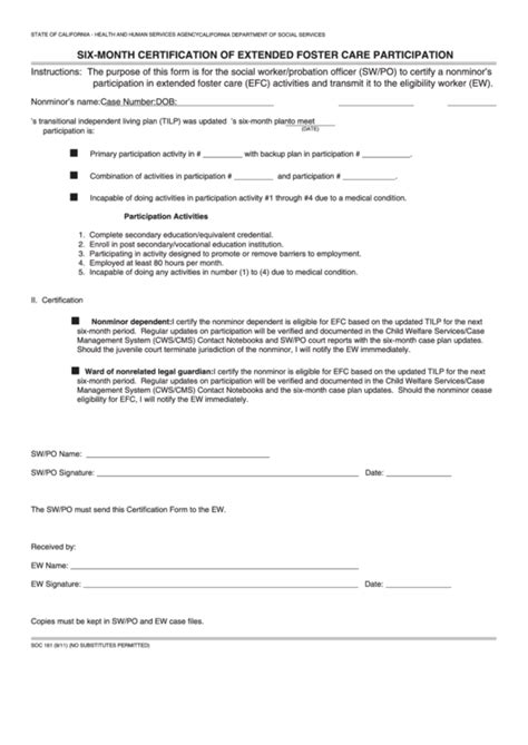 Fillable Form Soc 161 Six Month Certification Of Extended Foster Care