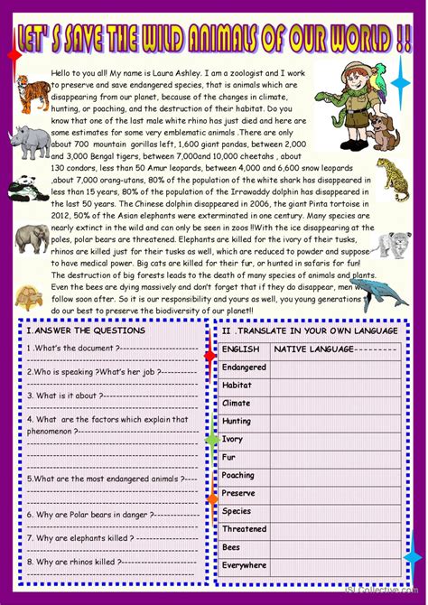 Lets Save The Wild Animals Of Our W English Esl Worksheets Pdf And Doc